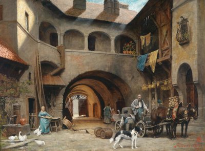 Old Courtyard in Friesach with Cart by Alois Schonn